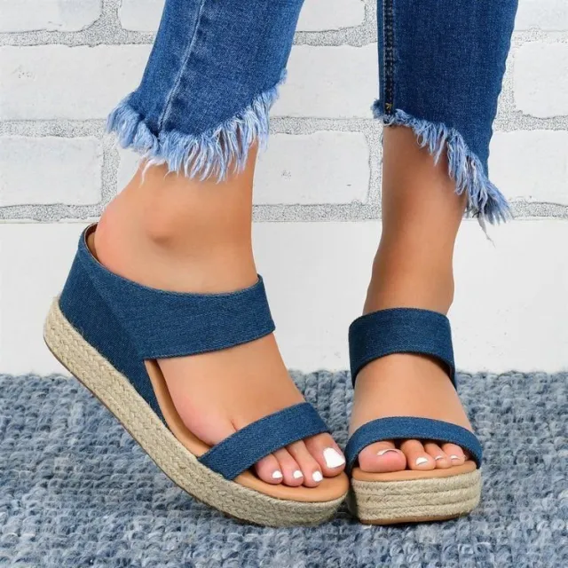 European And American Wedge Slippers Hemp Rope Ladies Casual Flat Sandals Blue - Shop at LoveMi