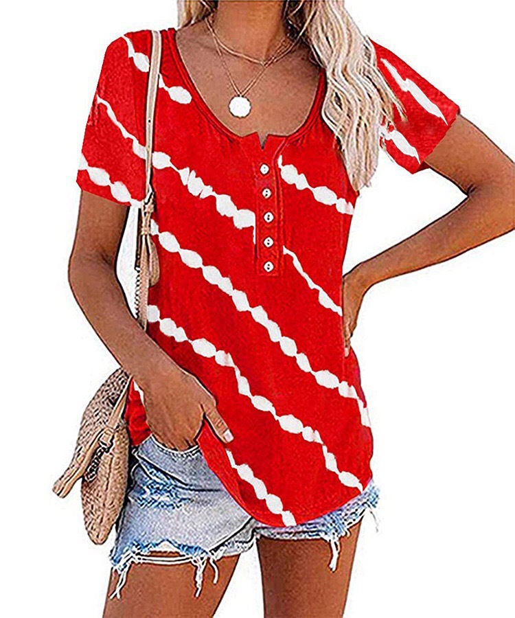 Women's Crew Neck Casual Diagonal Stripe Button Short Sleeve T-Shirt