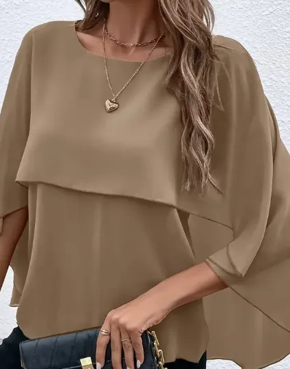 Solid Layered Cloak Sleeve Blouse, Versatile Crew Neck Blouse For Spring & Fall, Women's Clothing Khaki - Shop at LoveMi
