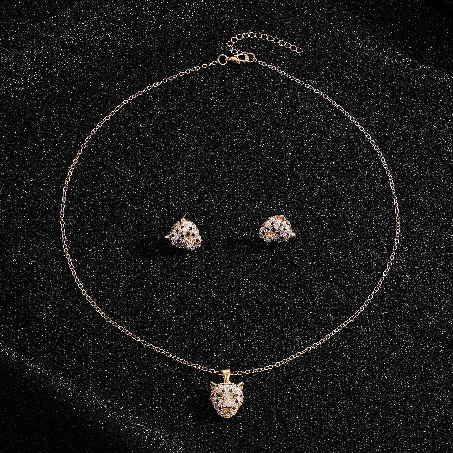 Hip Hop Leopard Head Pendant Earring Necklace Set