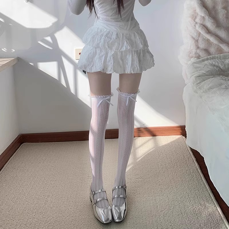 Ballet White Bow Lace Over-the-Knee Half-Hose, Fishnet JK