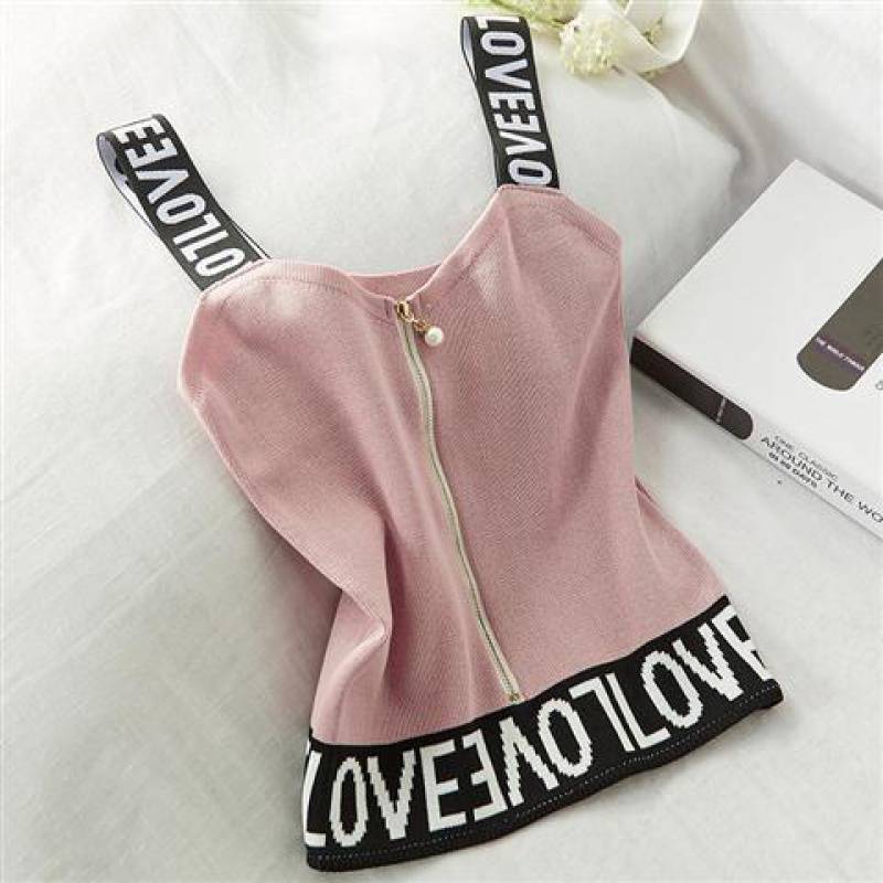 Short English Letter Knit Halter Pearl Zipper Small Vest