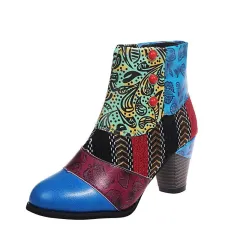 Bohemian Women's Ethnic Style Retro Stitching High-heeled Ankle Boots - Blue - View 1