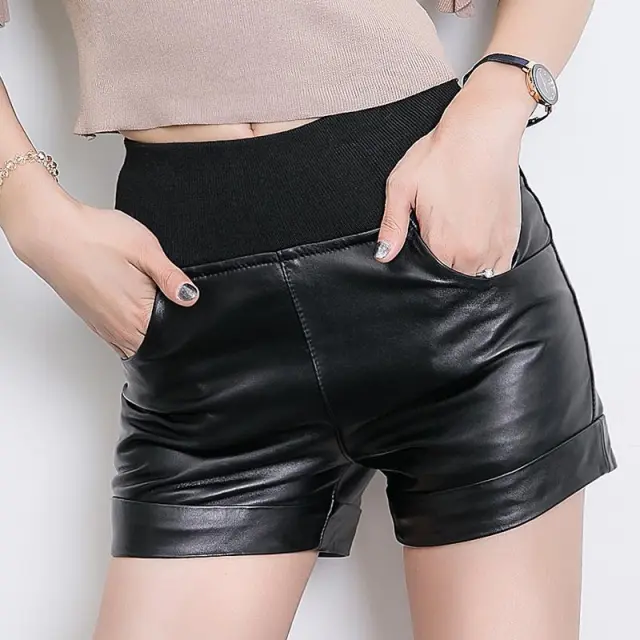 Autumn Sheepskin Women's Leather Shorts Straight Leg Pants High Waist Casual Pants Black - Shop at LoveMi