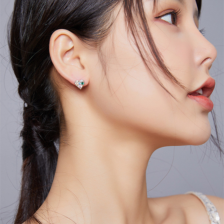 Sterling Silver Stud Earrings Colored Zircon Heart Shaped Personality Earrings