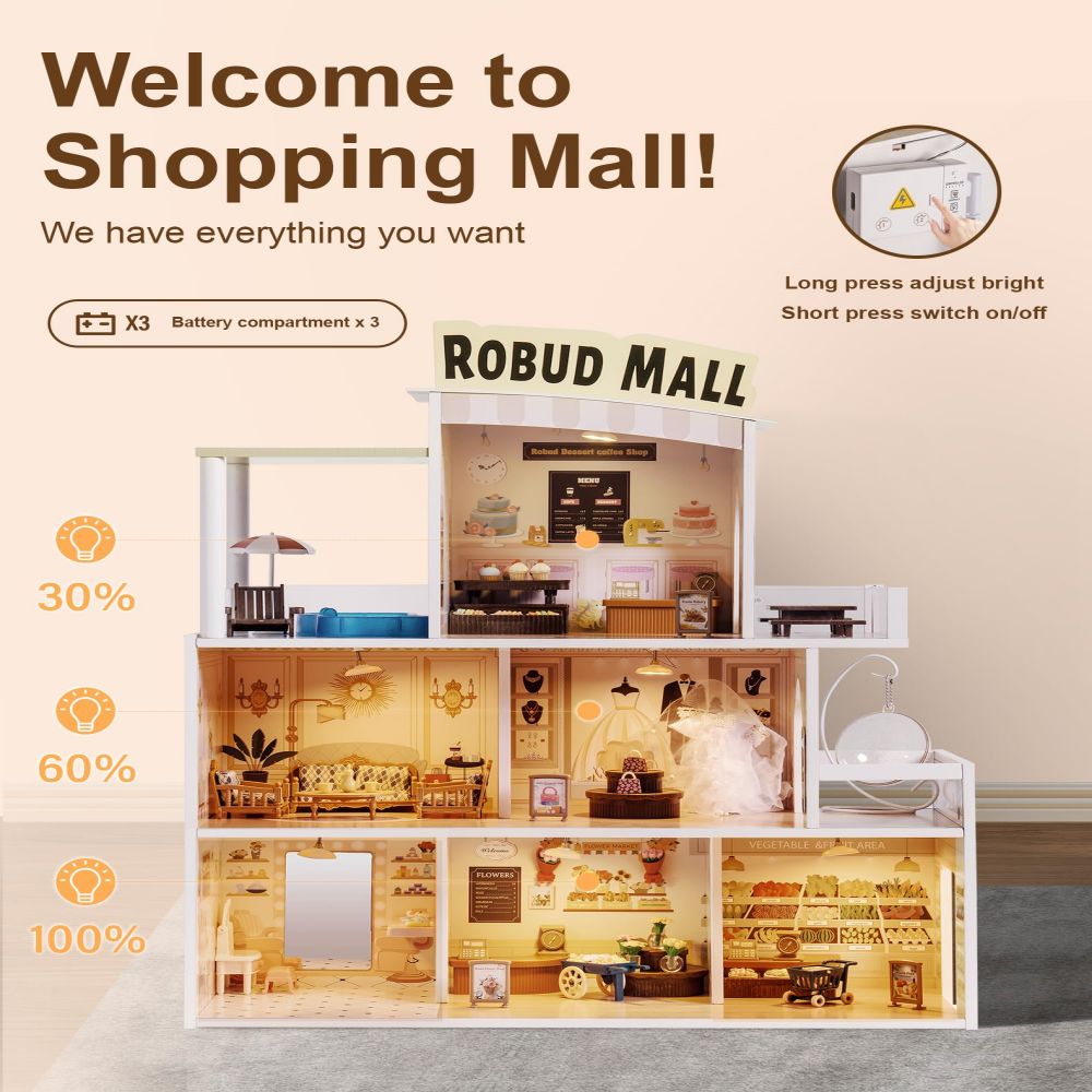 Wooden Dollhouse Shopping Mall - Lights, Music - Xmas Gift. Image 1, Image 2, Image 3, Image 4, Image 5, Image 6, Image 7.