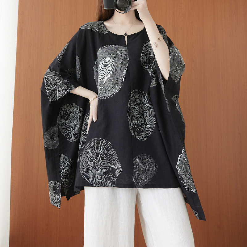 Cotton And Hemp Printing Artistic Loose Personality Pullover Simple Vintage Shirt Top