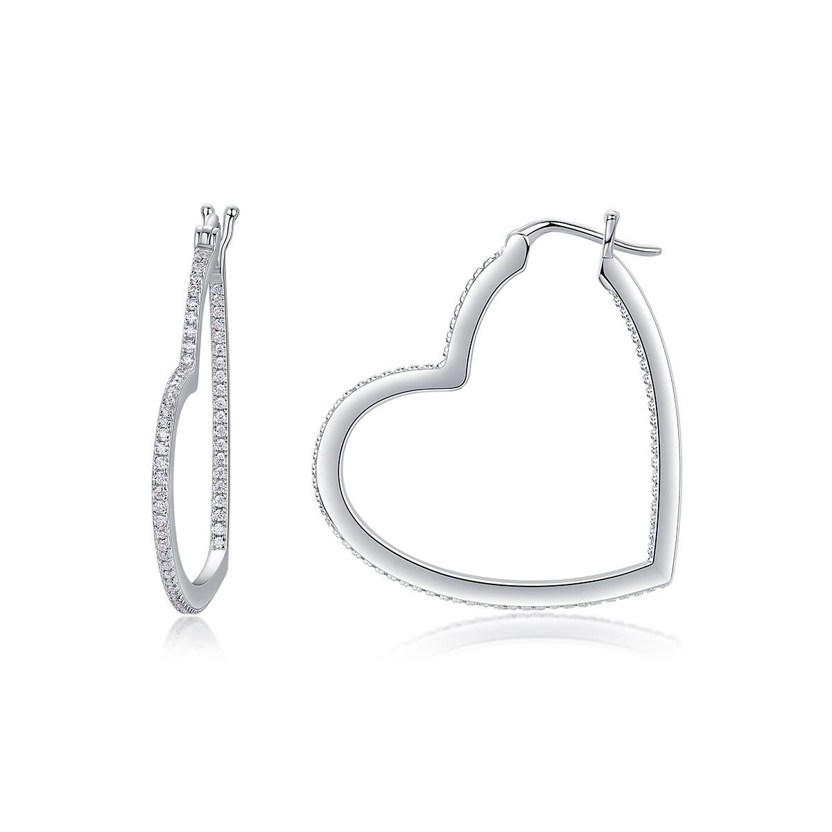 S925 Sterling Silver Open Heart Hoop Earrings, 44 D-VVS1 Moissanite Pave, Platinum Plated 5.4g Women's Jewelry Gift Box