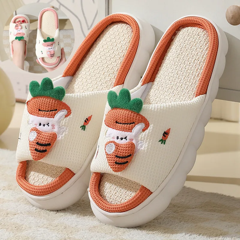 Cute Carrot Rabbit Shoes Linen Slippers Men and Women