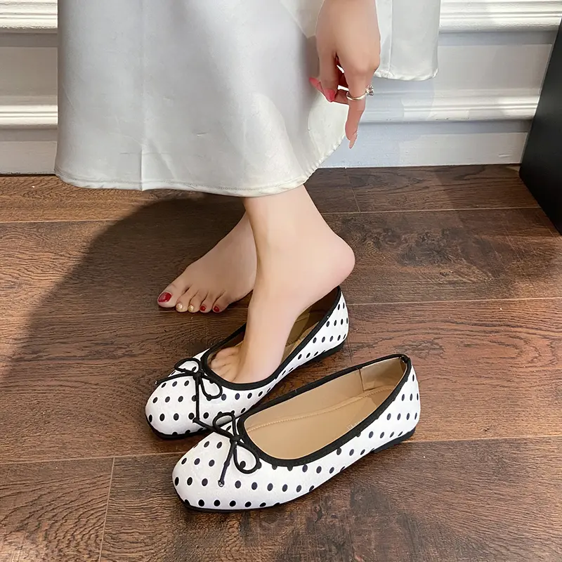 Women French Polka Dot Bow Round Toe Hidden Height Flats, 2026 Spring Summer Versatile Ballet Shoes, Plus Size Women's Shoes