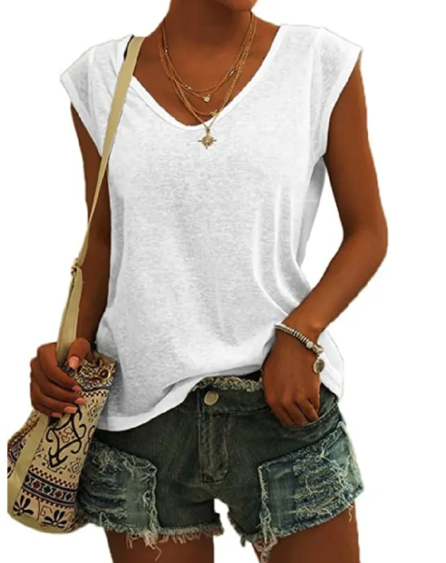 European And American Women's Simple V neck Loose T shirt White - Shop at LoveMi