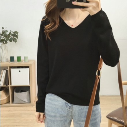 Title 3, Loose Slimming V-neck Solid Color Long-sleeved ...