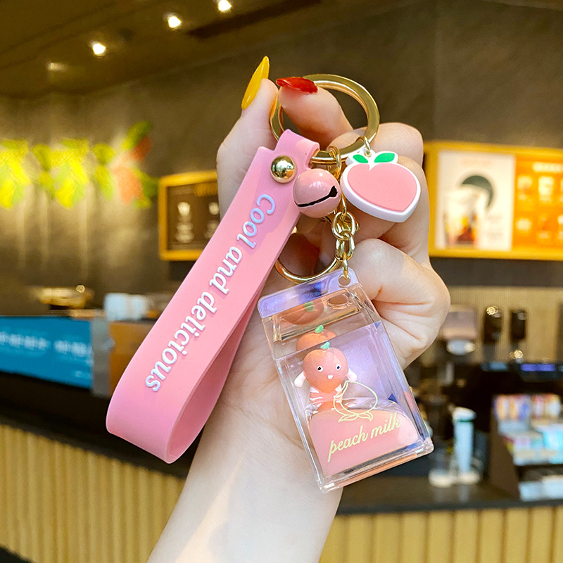 Milk Bottle Crystal Peach Milk Tea Cup Keychain Cute Fur Ball Key Chain Bag Pendant