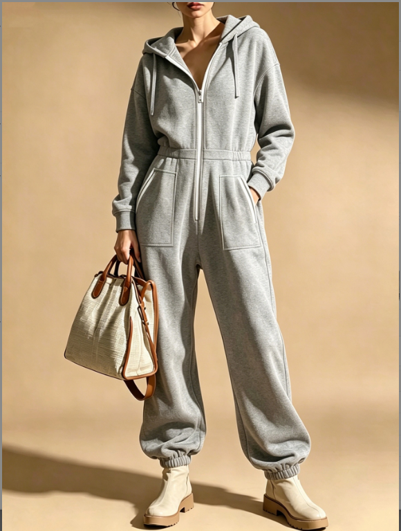 Light Grey Hooded Full Zipper Waist Cinching And Foot Binding Casual Hoodie Jumpsuit