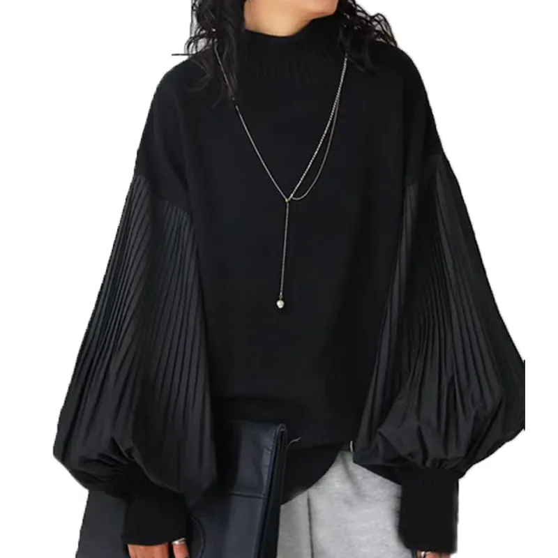 Women's Loose Long Sleeve Turtleneck Sweater Solid Color Soft Ribbed Knit Pullover For Spring Fall Layering - Black