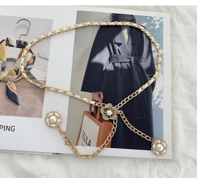 Xiaoxiangfeng Metal Thin Waist Chain Pearl Inlaid Decorated Sweater Dress White - Shop at LoveMi