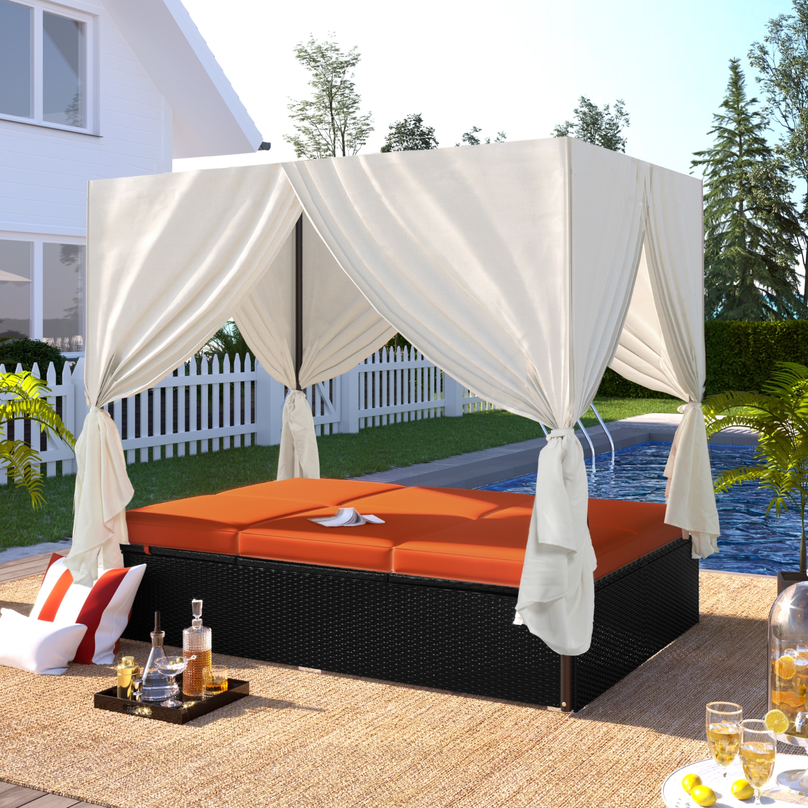U STYLE Outdoor Patio Wicker Sunbed Daybed With Cushions, Adjustable Seats