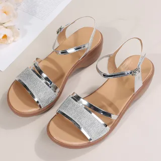 Women's Wedge Sandals Summer Peep Toe Buckle Shoes - Silver