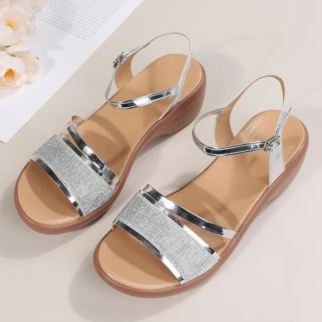 Women's Wedge Sandals Summer Peep Toe Buckle Shoes Silver - Shop at LoveMi