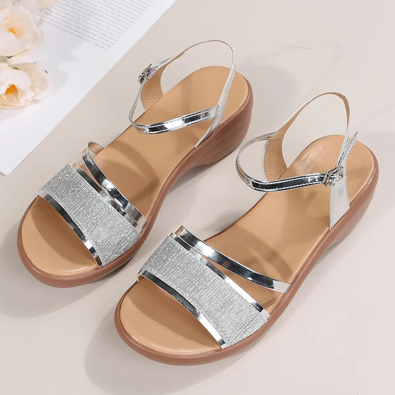 Women's Wedge Sandals Summer Peep Toe Buckle Shoes - Silver