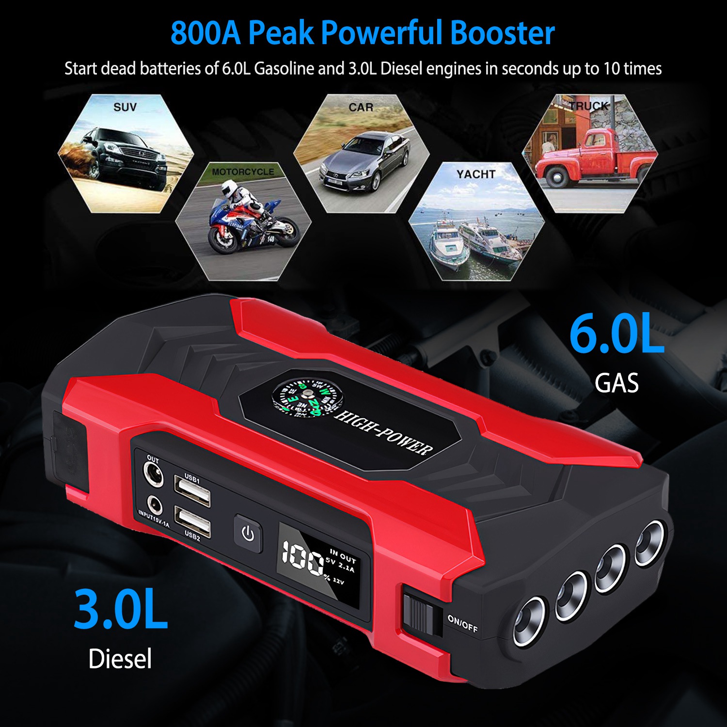 Car Jump Starter Booster 800A Peak 28000mAh 12V Battery Charger Up To 6.0L Gas Or 3.0L Diesel Engine With LCD Screen 4 Modes LED Flashlight — foto 4