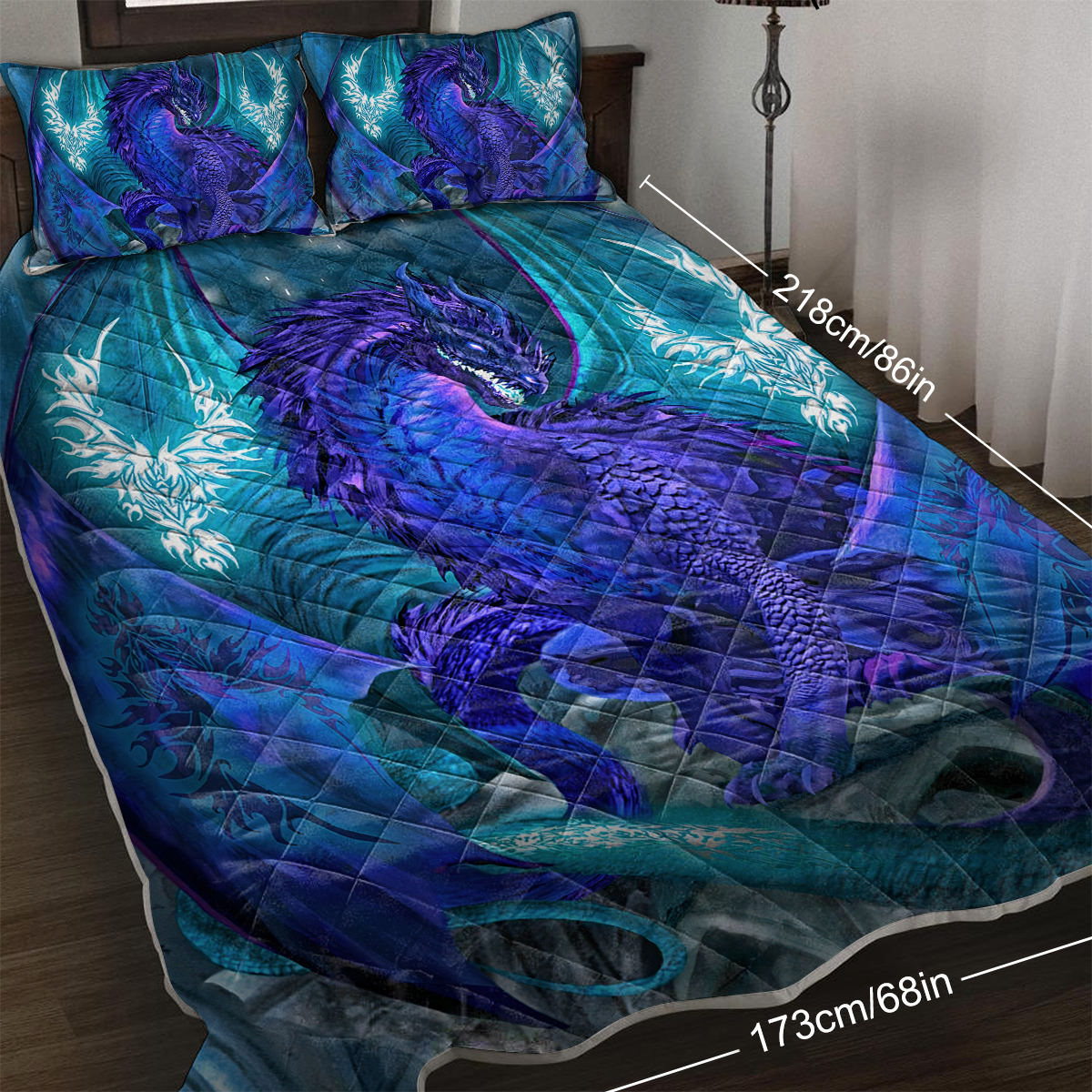 Blue Dragon Quilt Bedding Set Cool Dragon Bedspread Coverlet & 2 Pillow Cover