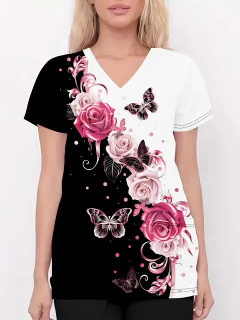Printed Allover Pattern Scrub Top