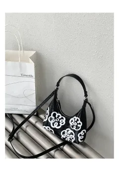 Korean Niche Design Summer Flower Graffiti Pattern Handbag New One-shoulder Underarm Bag Trendy Female Diagonal Bag - Black - View 1