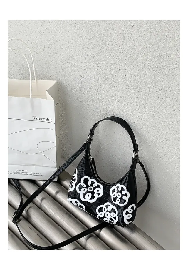 Korean Niche Design Summer Flower Graffiti Pattern Handbag New One shoulder Underarm Bag Trendy Female Diagonal Bag Black - Shop at LoveMi