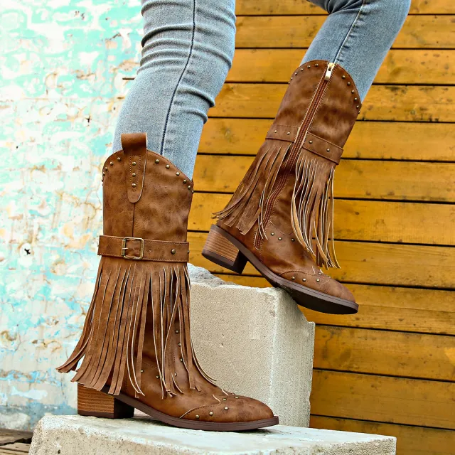 Retro Tassel Boots With Rivet Strap Buckle Design Shoes For Women Winter Footwear Fashion Mid calf Square Heel Knight Western Boots Brown - Shop at LoveMi