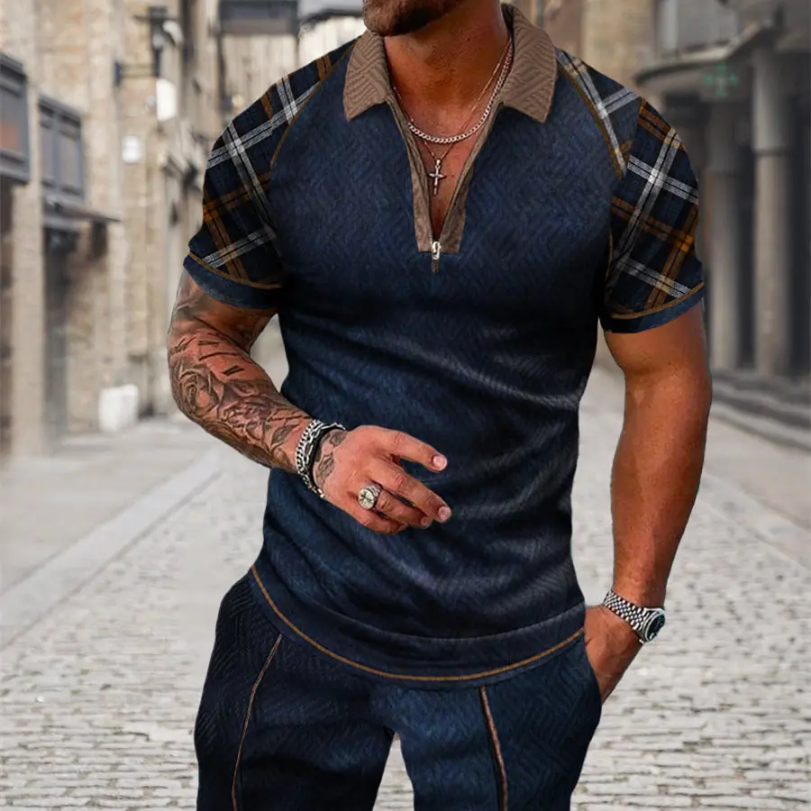 Men's Summer Fashion 3D Printed Short Sleeve Geometric Zip