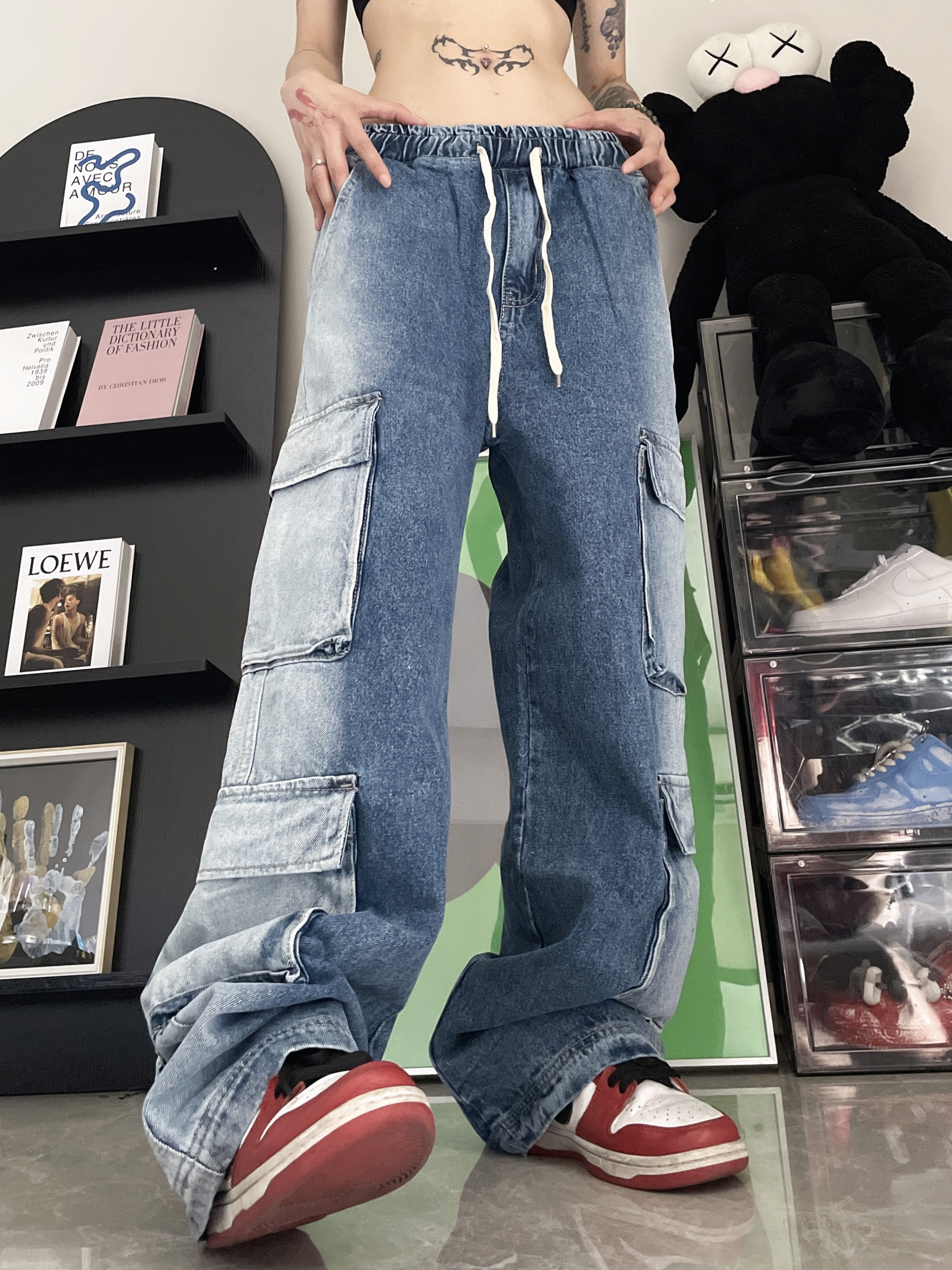 Vintage Multi Pocket Elastic Waist Jeans Blue - Shop at LoveMi