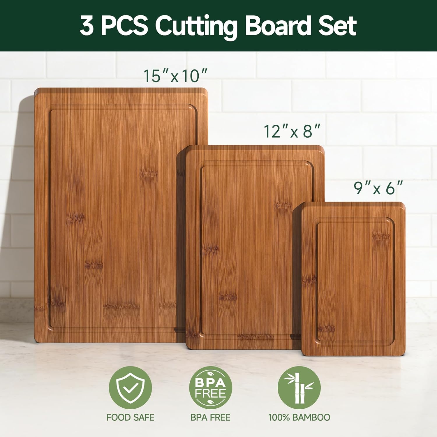 Bamboo Cutting Boards 3 PCS, Deep Carbonized Wooden Chopping Boards For Kitchen Food Preparation, Cutting And Serving 2