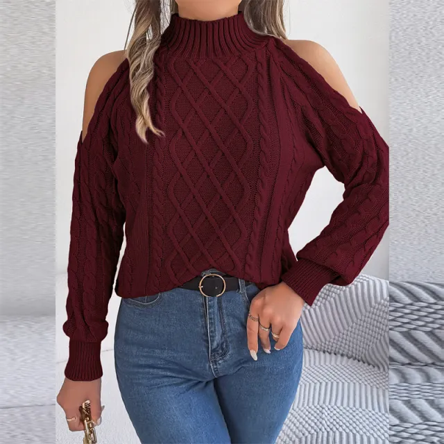 Women's Solid Color Off Shoulder Cable Knit Sweater, High Neck Long Sleeve Pullover For Spring And Fall Wine Red - Shop at LoveMi