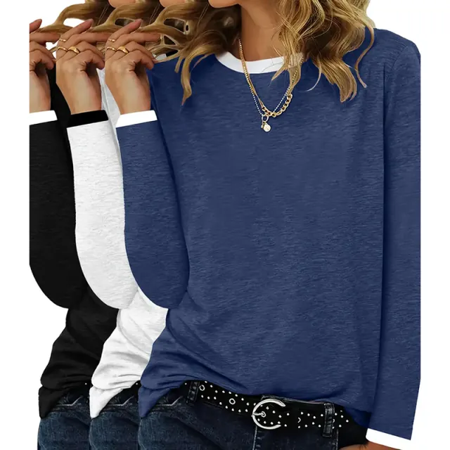 3 Pack Women's Long Sleeve T Shirts, Round Neck Basic Tops Fall Casual Trendy Tees Loose Fit Soft Clothes Outfits Black White Blue - Shop at LoveMi
