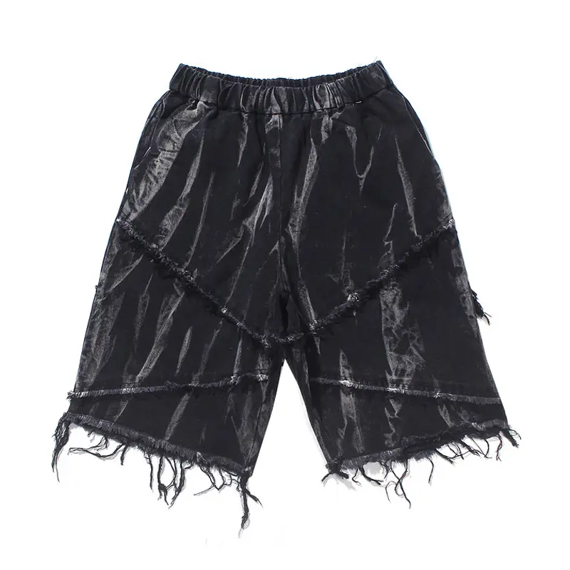 Men's Dark Tie-Dye Printed Frayed Denim Shorts