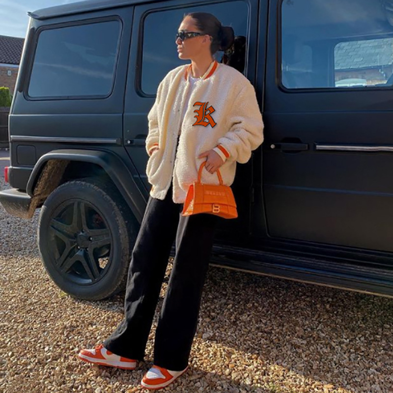 Embroidered Contrast Stitching Loose Stand-collar Lamb Velvet Jacket