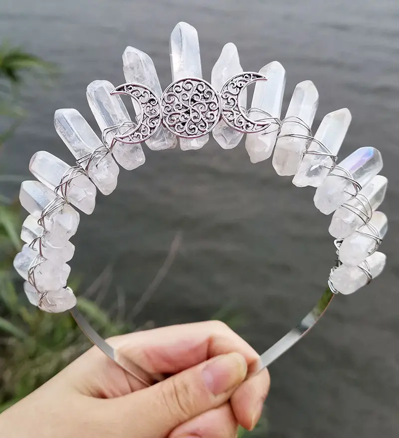 Dress Up Hollow 3 Moon Accessories Electroplating Natural Crystal Crown Headband