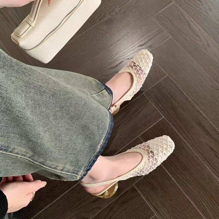 2025 French Retro Square Toe Mesh Hollow Block Heel Mary Jane Sandals For Women