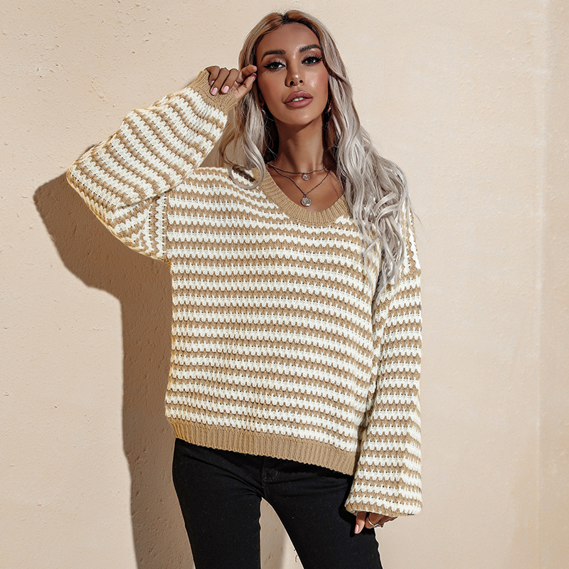 Women's Fall Winter Fashion V-Neck Loose Slim Knit Sweater Pullover