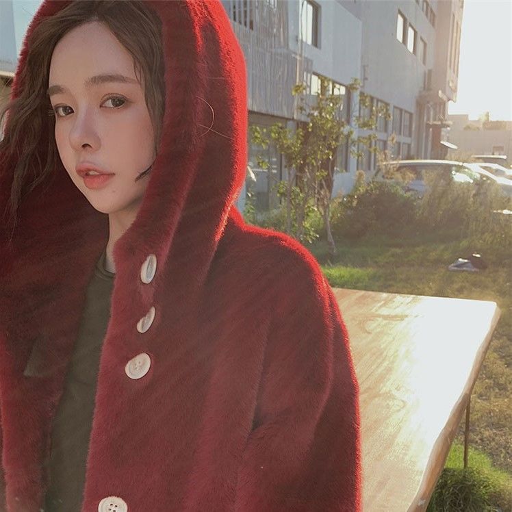 Winter New Hooded Thick Cotton Faux Fur Jacket Red - Shop at LoveMi