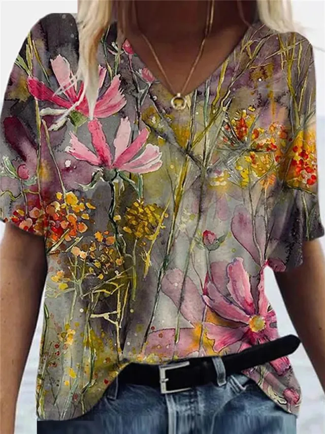 Flower Printed Short Sleeve V neck Girl - Shop at LoveMi