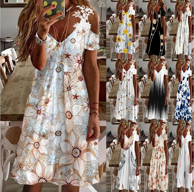 Fashion Off Shoulder Lace Short Sleeve Print Dress