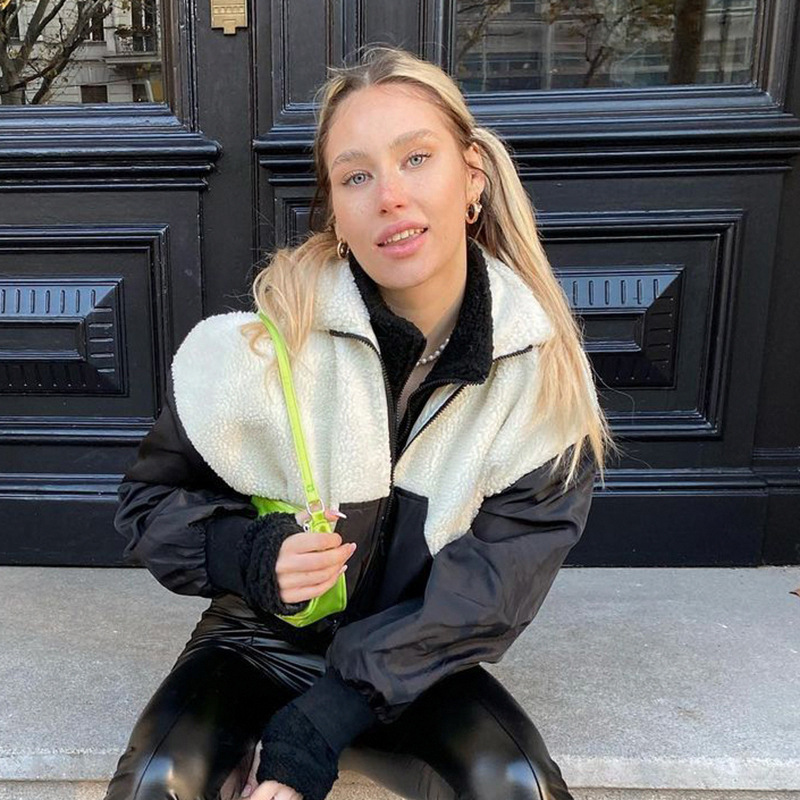 Lamb Wool Stitching Contrast Lapel Short Coat