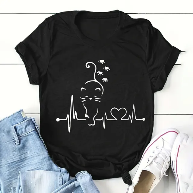 Women's Casual Crew Neck T Shirt Short Sleeve, Geometric Cat Heartbeat Design Top Black - Shop at LoveMi