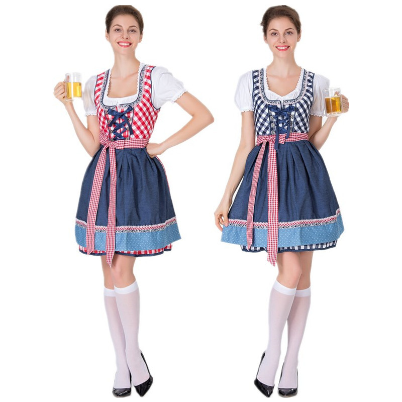 Traditional Bavarian Beer Dress. Product information: Fabric Name:Cotton Blend Main fabric composition: polyester fiber (polyester) Size Information: Size/CM Lenght Bust Waist S 89 82 66 M 90 86 70 L 91 90 74 XL 92 94 78 XXL 93 98 82 Note: 1. Asian sizes 