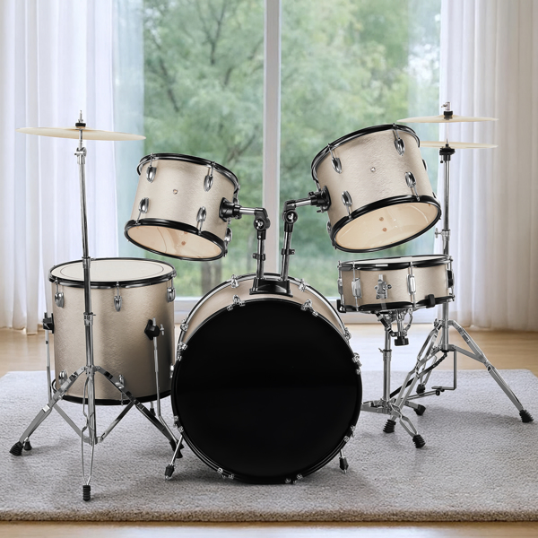 Full Size Adult Drum Set 5-Piece Silver with Bass Drum, two Tom Drum, Snare Drum, Floor Tom, 16