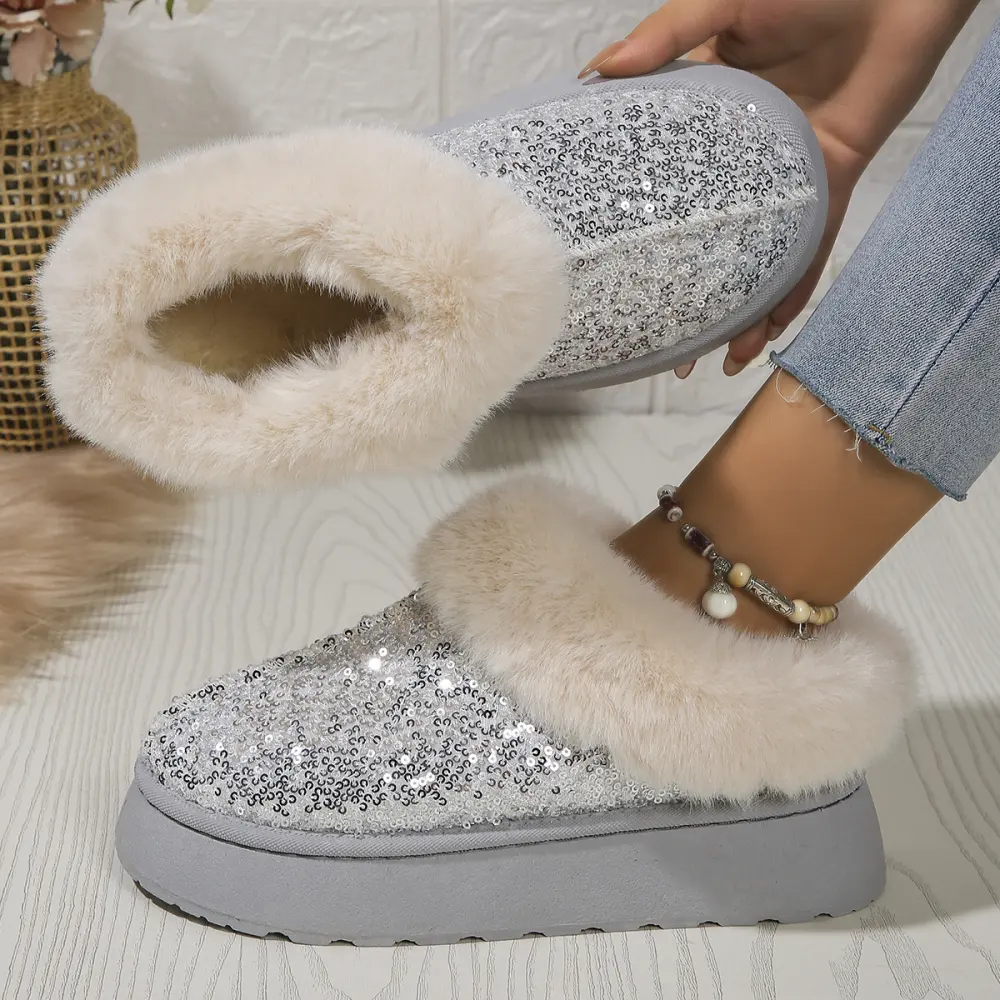 Fashion Sequined Thick-soled Plush Shoes Winter Indoor and Outdoor