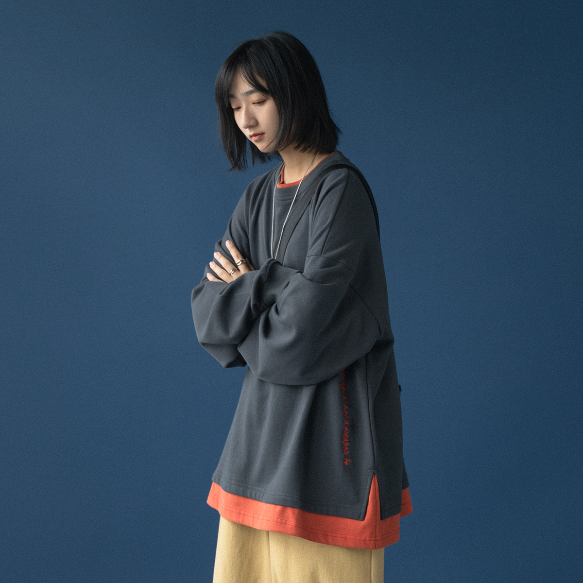 Fake Two-piece Sweater Women Thin Loose Round Neck All-match Long-sleeved T-shirt