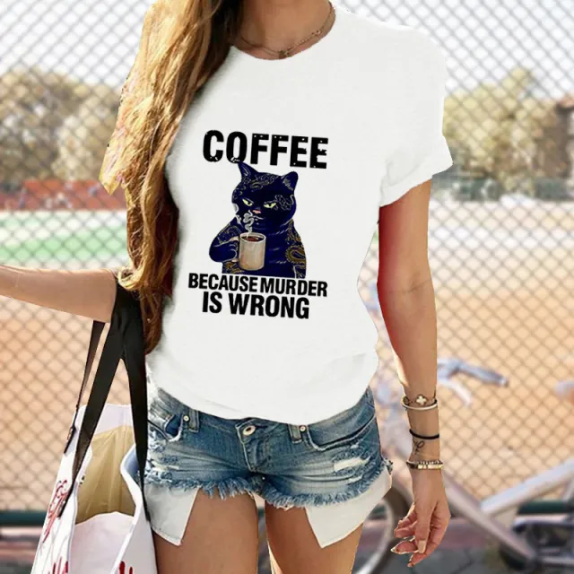 Cat Cute Print T shirt Round Neck Short Sleeve Top White - Shop at LoveMi